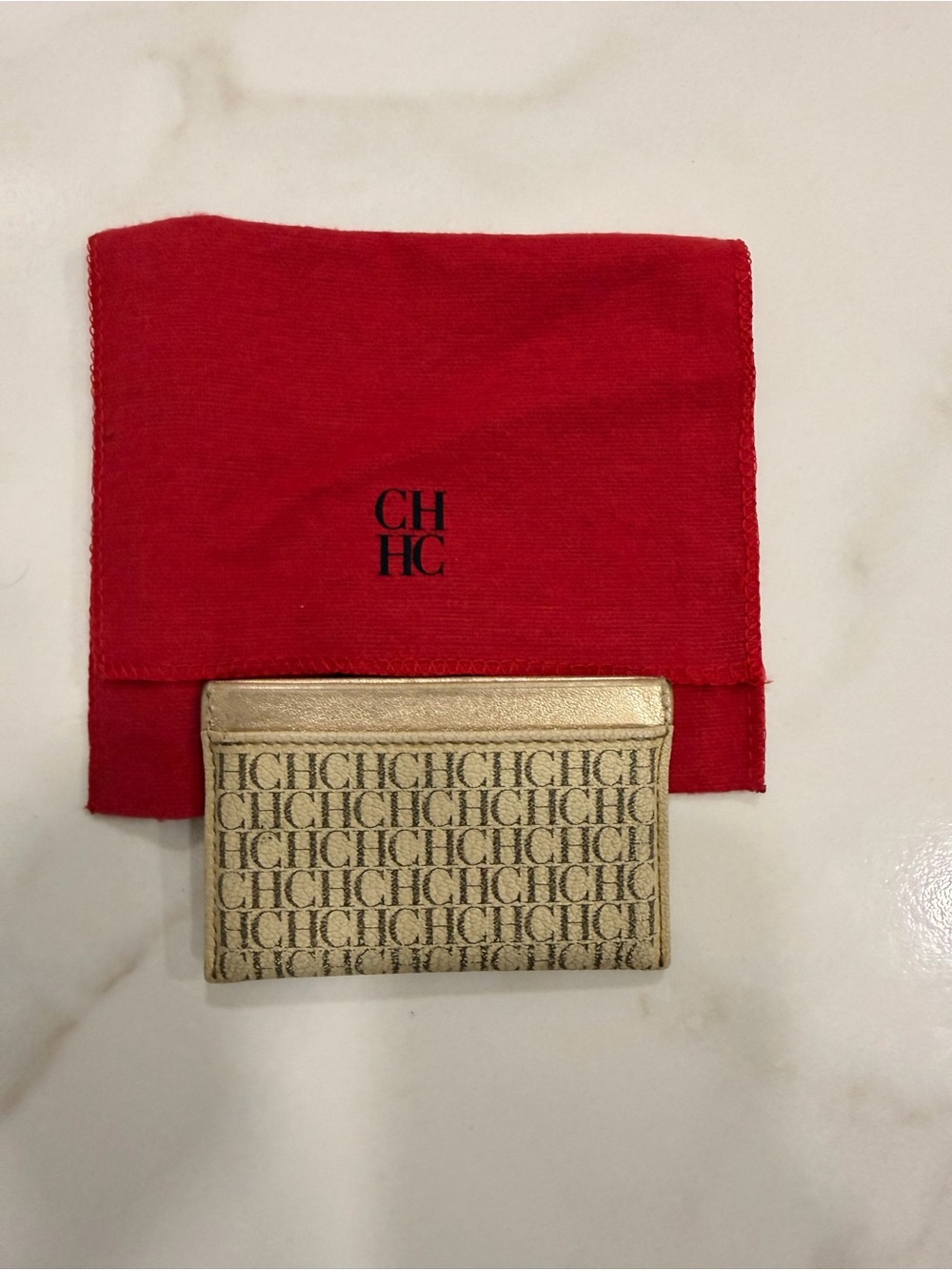 CH Carolina Herrera Monogram Card Holder Beige Gold Logo Vintage